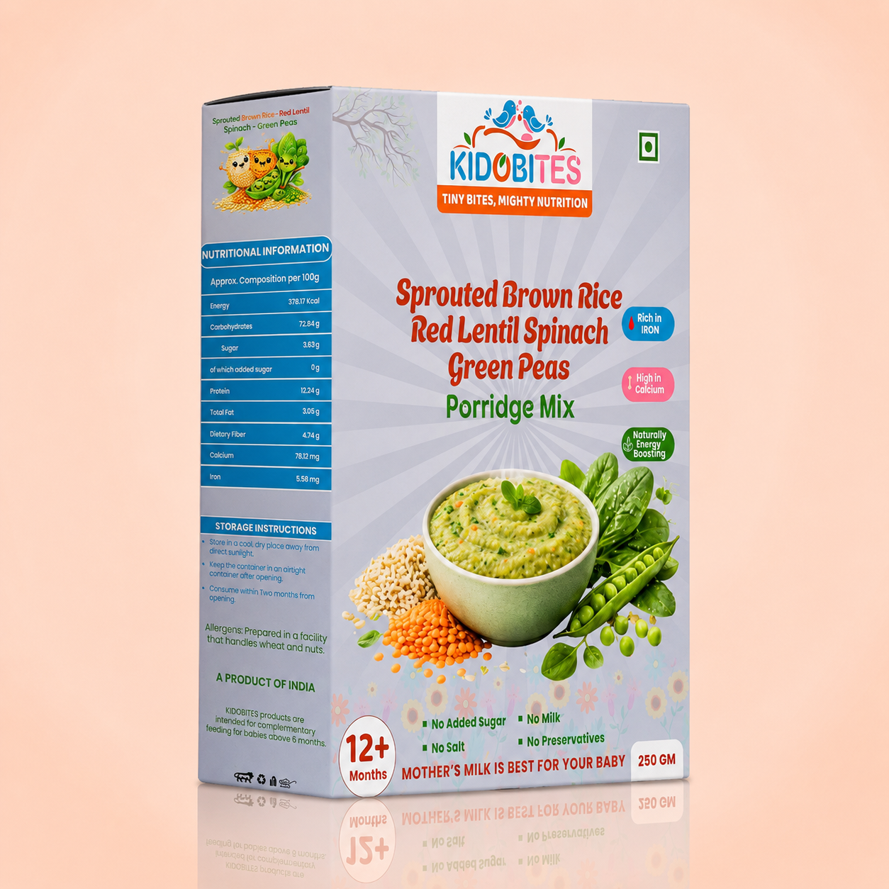 Sprouted Brown Rice Red Lentil Spinach Green Peas Porridge Mix For Babies | 12 Months+ | 250 gm