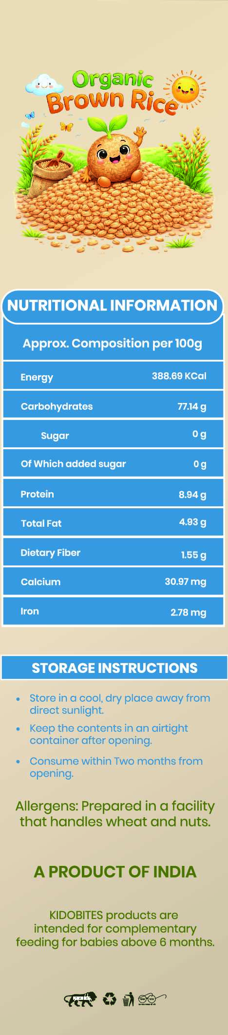 Organic Sprouted Brown Rice Porridge Mix For Babies |6 Months+ | 250 gm