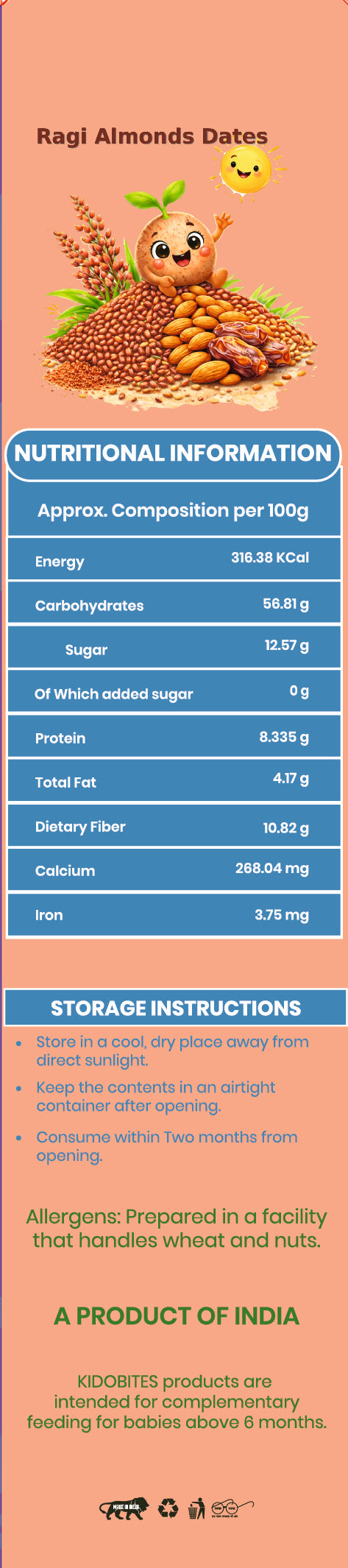 Sprouted Ragi Almond Dates Porridge Mix For Babies | 12 Months+ | 250 gm