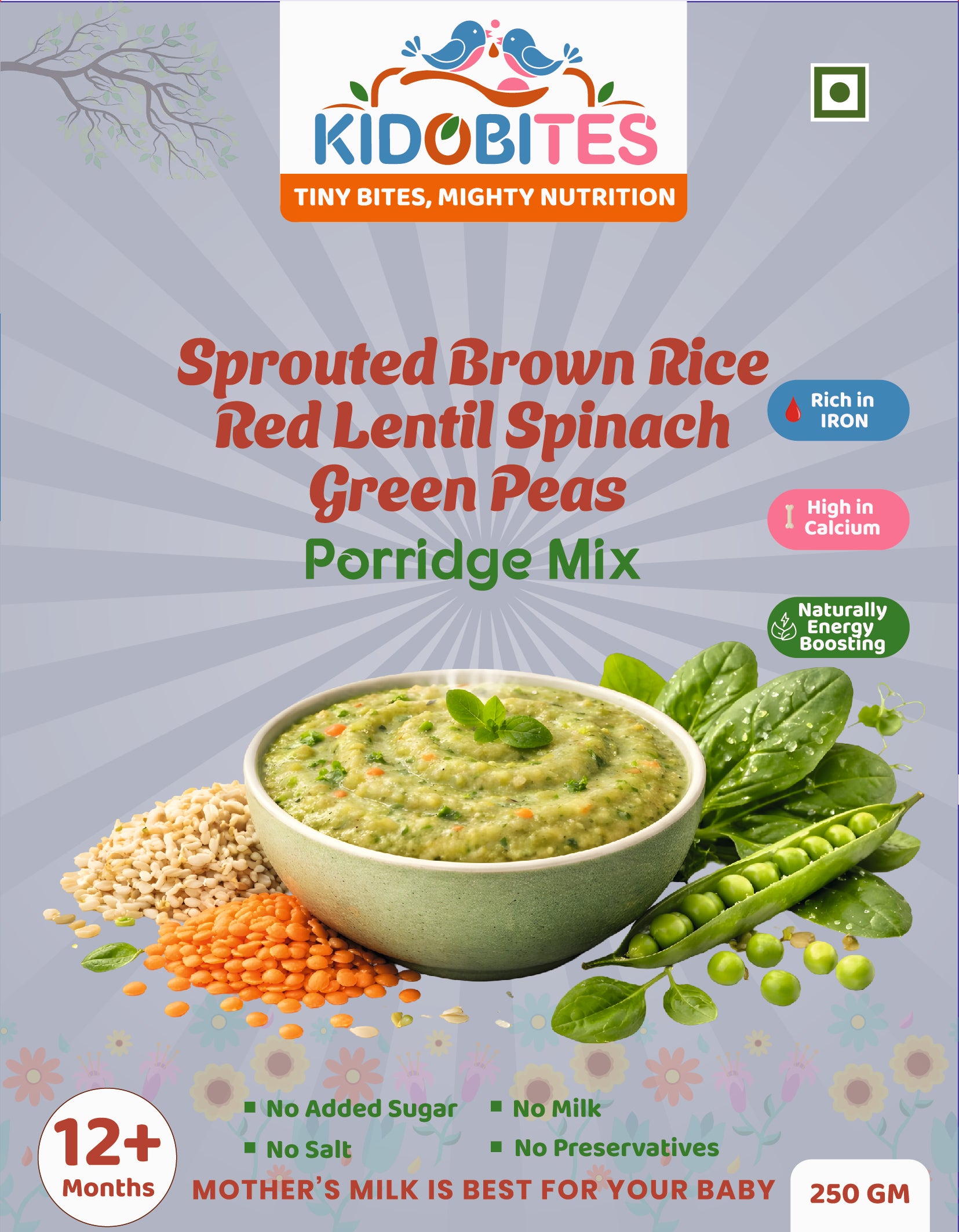 Sprouted Brown Rice Red Lentil Spinach Green Peas Porridge Mix For Babies | 12 Months+ | 250 gm
