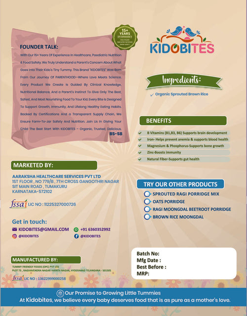 Organic Sprouted Brown Rice Porridge Mix For Babies |6 Months+ | 250 gm