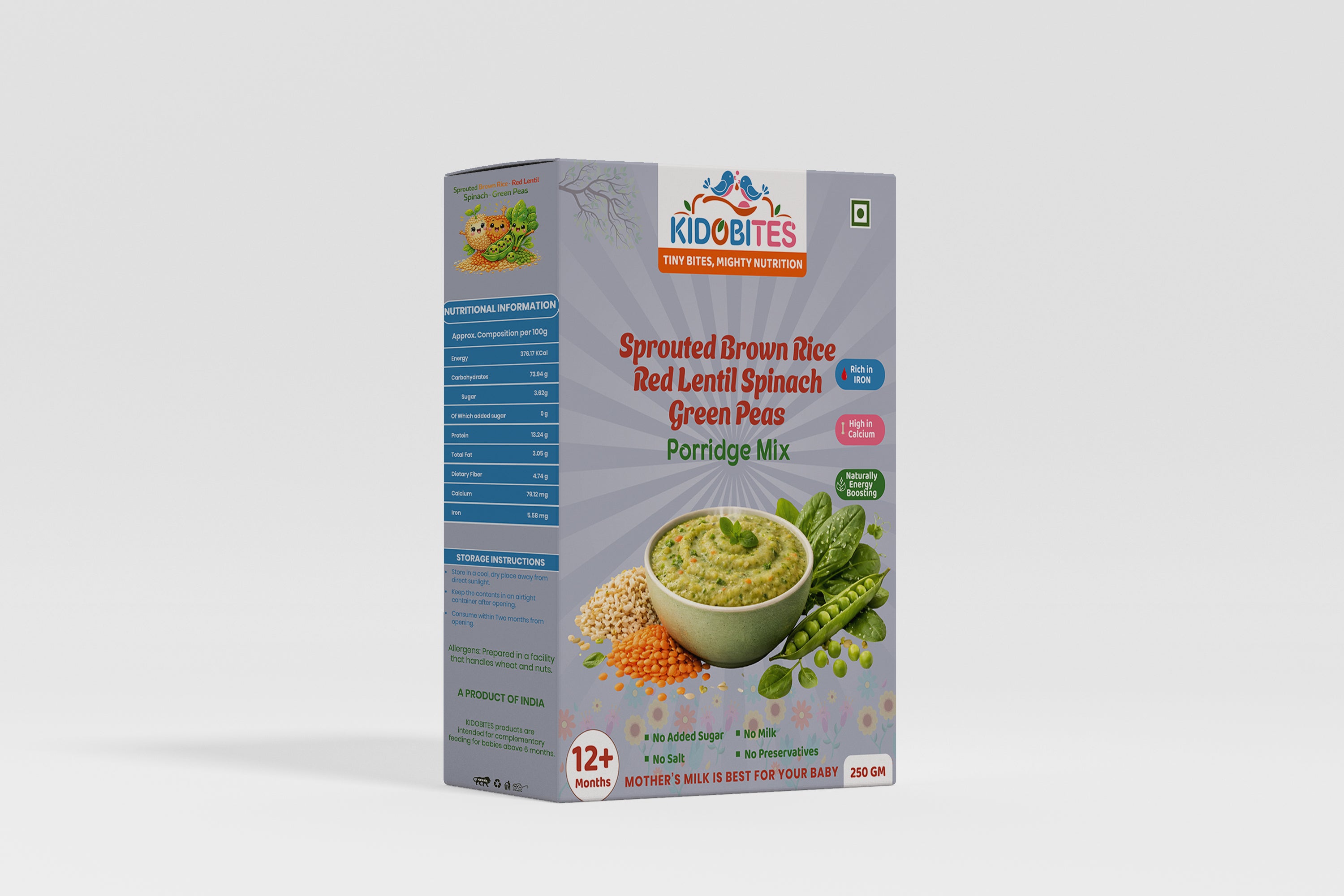 Sprouted Brown Rice Red Lentil Spinach Green Peas Porridge Mix For Babies | 12 Months+ | 250 gm