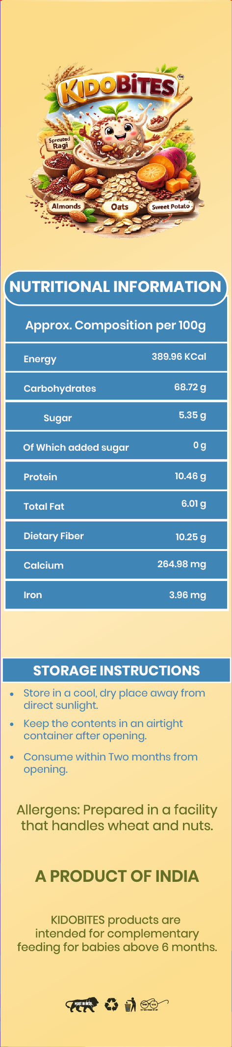 Sprouted Ragi Almond Oats Sweet Potato Porridge Mix For Babies | 8 Months+ | 250 gm
