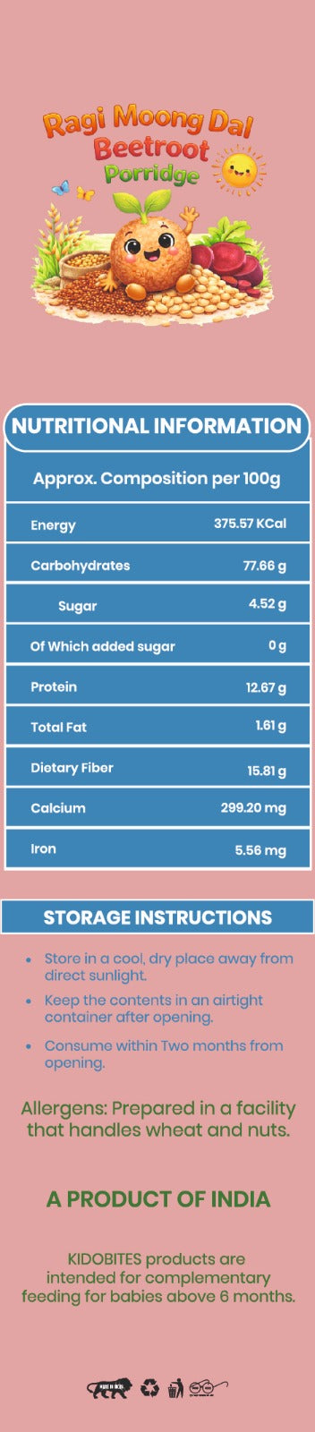 Sprouted Ragi Moong Dal Beetroot Porridge Mix For Babies | 8 Months+ | 250 gm