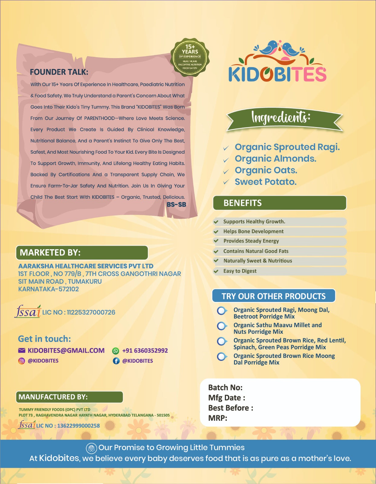 Sprouted Ragi Almond Oats Sweet Potato Porridge Mix For Babies | 8 Months+ | 250 gm